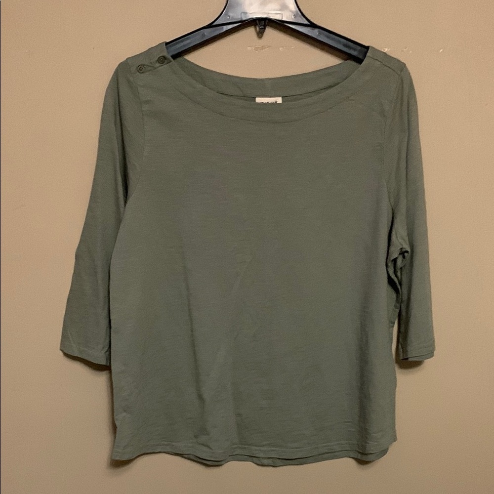 Pact Women's Button shoulder Organic Cotton Olive 3/4 Sleeve Top SZ Large Quiet